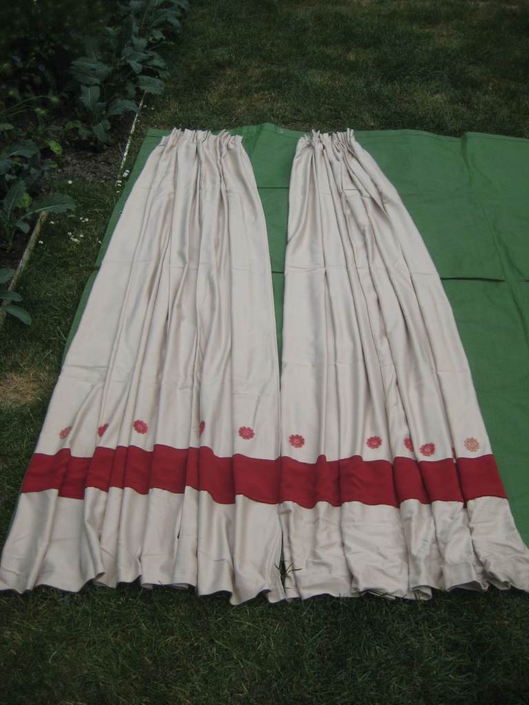 Pair of Beige with Red Decoration Lined Tape Topped Curtains for £15.00