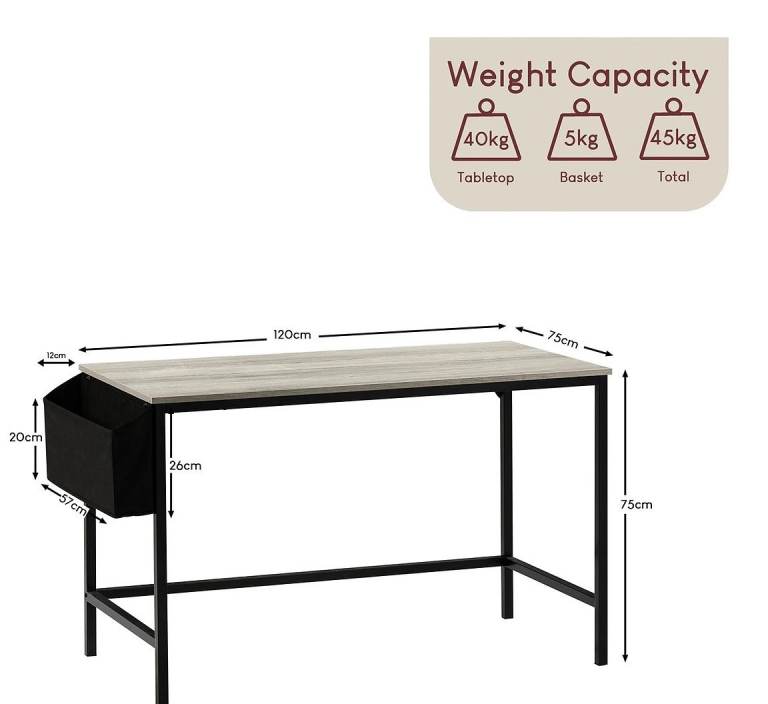 Modern Grey Wood Effect Desk with Storage Basket