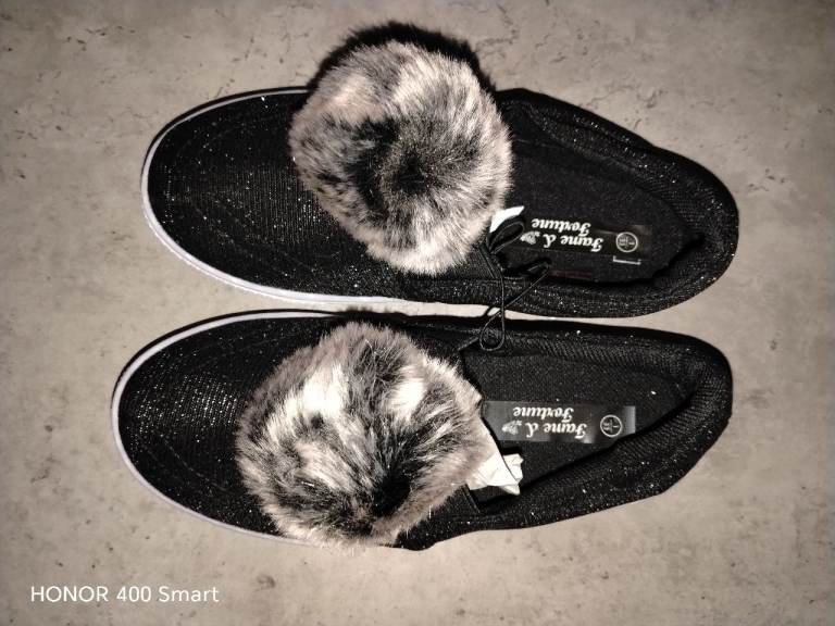 Fame & Fortune Black Glitter Slip-On Shoes with Faux Fur Pom Poms – New