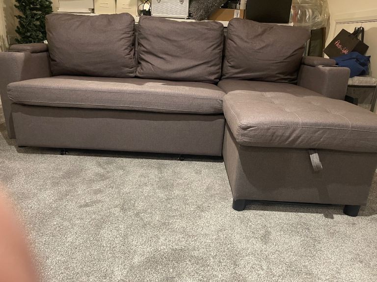Grey Corner Sofa Bed with Storage and Cup Holders