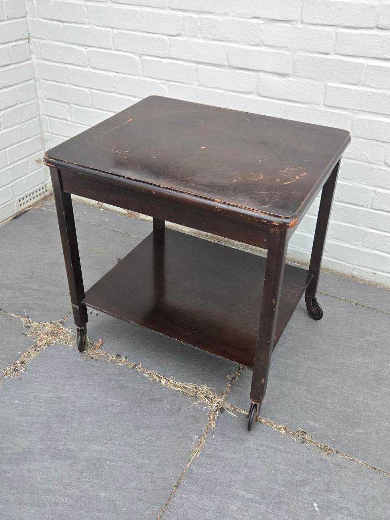 Small Dark Wooden Trolley on Castors TV Stand Vintage for Refurbishment Retro
