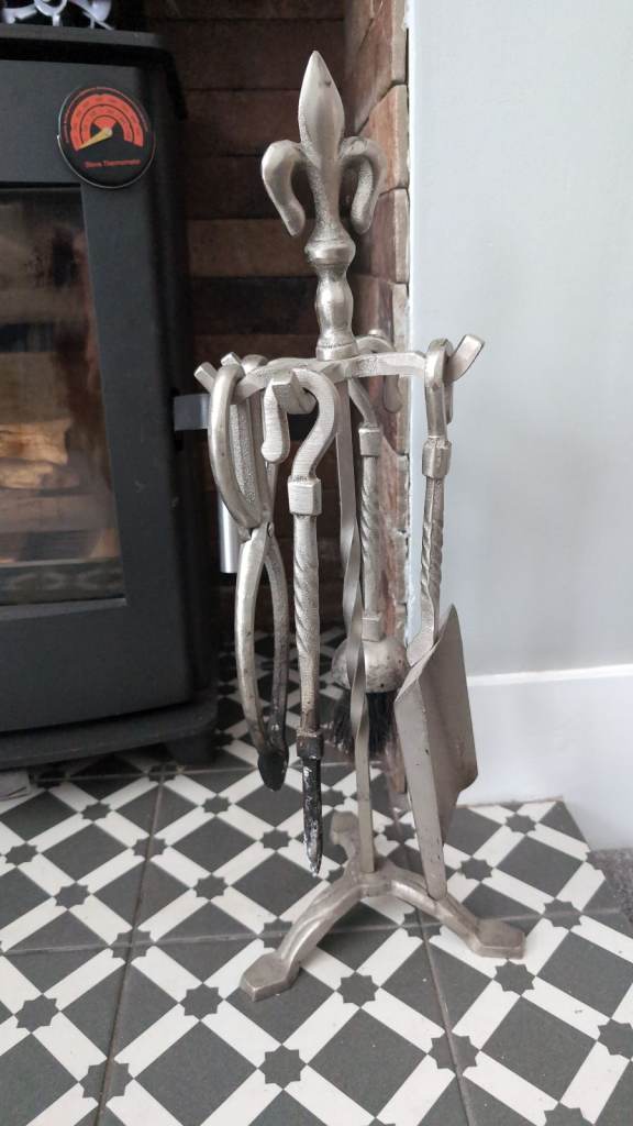 Silver Fireplace Companion Set with Fleur-de-lis Top