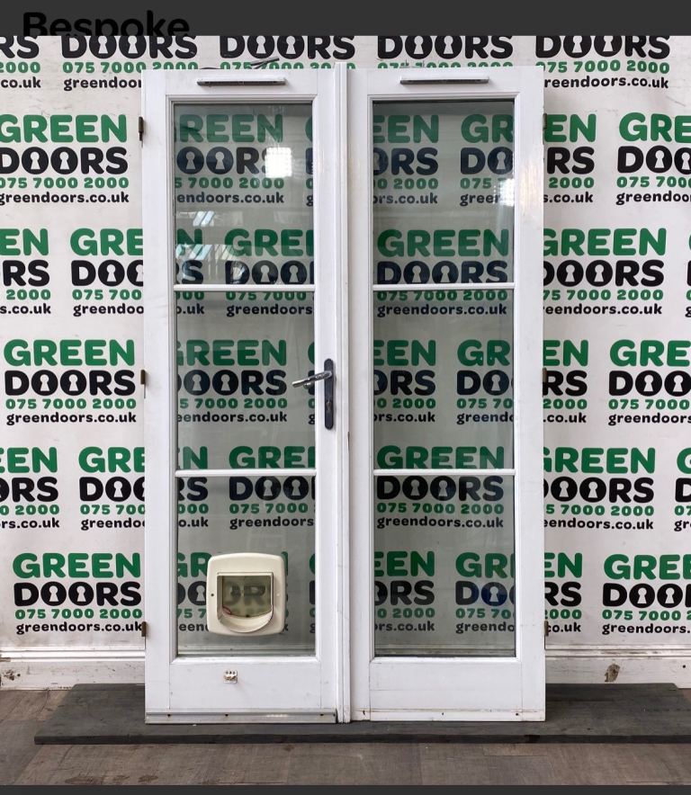 White wooden French Patio Doors with Cat Flap