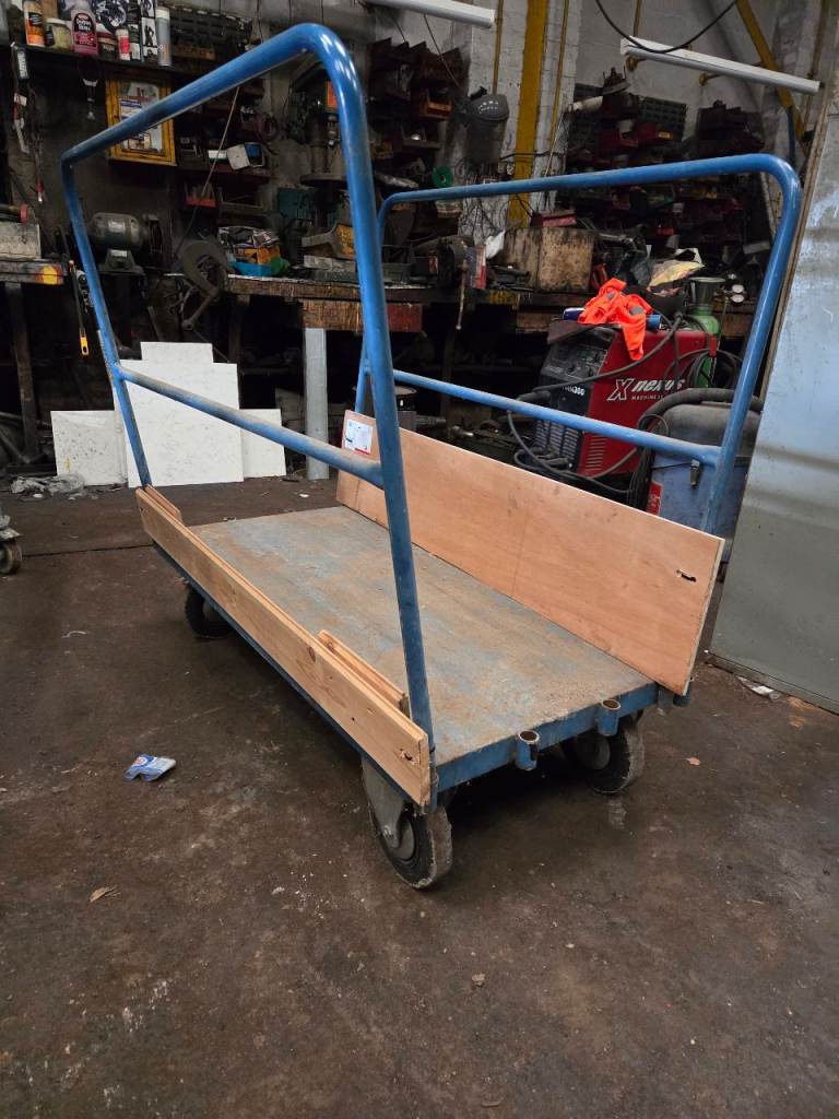 Heavy Duty Blue Metal Trolley with Wooden Sides – Fair Condition