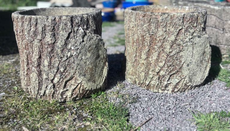 pair (2) contemporary sand stone Faux Boris garden planters (tree stump design