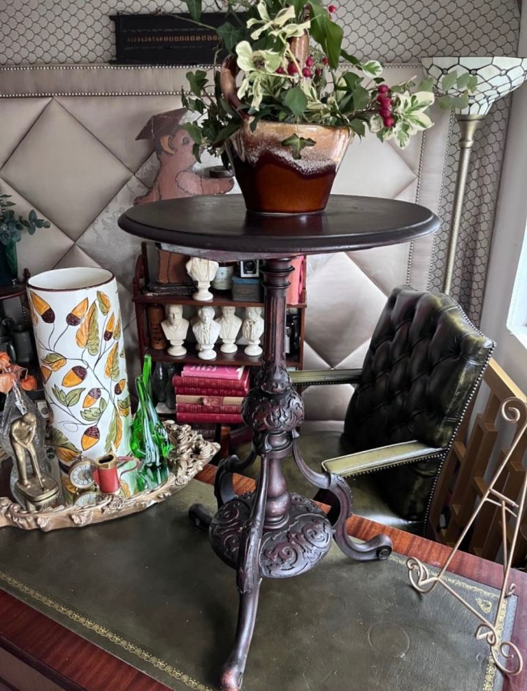 Antique Victorian Carved Tripod Lamp Wine Table