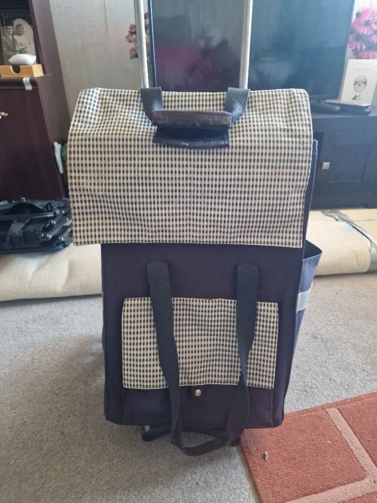 Foldable Shopping Trolley Bag on Wheels – Blue/White Checked