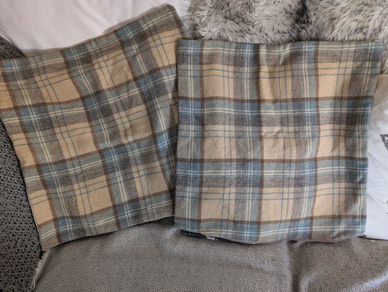 Pair of Wool Highland Tweed Check Style Cushion Covers Duck Egg Blue 40cm x 40cm