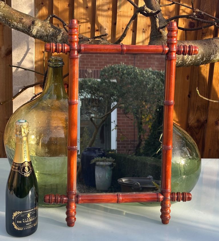 ANTIQUE FRENCH FAUX BAMBOO MIRROR, TURNED FRUITWOOD, 59x43cm - 1930s CHINOISERIE - WILL POST!