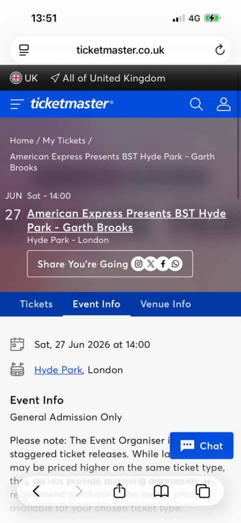 2nr Garth Brooks BST Hyde Park Ticket - June 2026