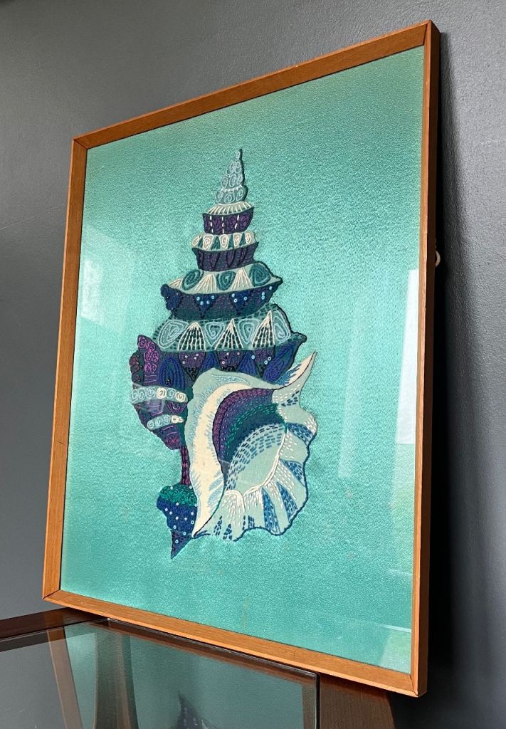 Vintage Seashell Embroidery Completed 1960s 70s Needlework Tapestry Crewel