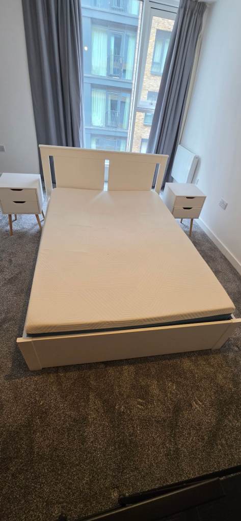 White Double Bed Frame with Slats and Storage Drawers