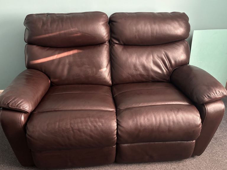 Two-Seater Leather Recliner Sofa – Brown, Good Condition