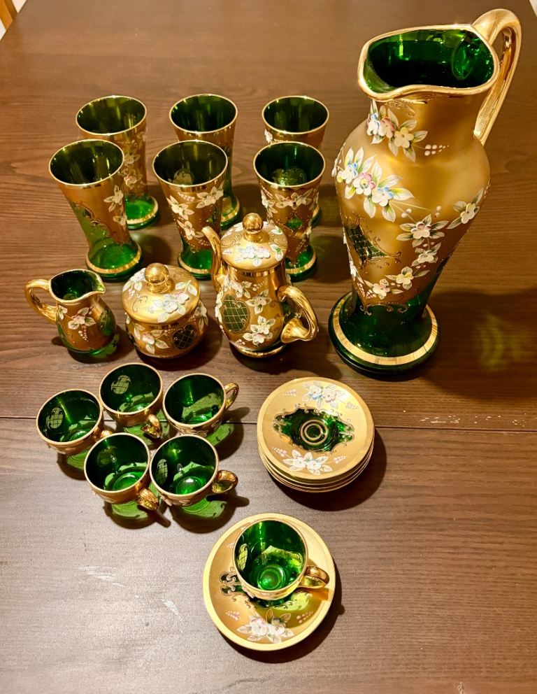 Joska Vintage Bohemian Green Glass Tea Set Gold Gilt Floral Pitcher Cups Glasses