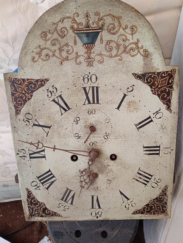 Antique Grandfather Clock Face. Mechanism plus pendulum and wieghts sm 