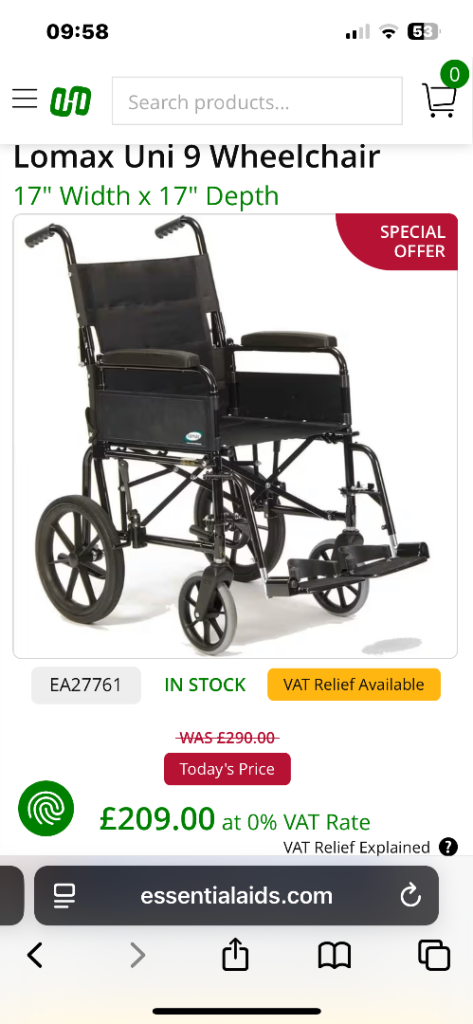 Wheelchair lomax nearly new cost over £200