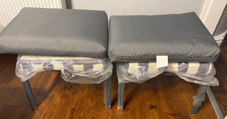 Two NEW Grey Garden Patio foot stools  with Cushions