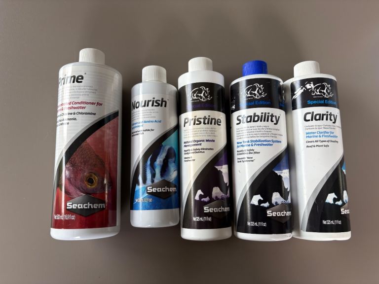 Seachem Prime, Nourish, Clarity, Pristine and Stability bottles