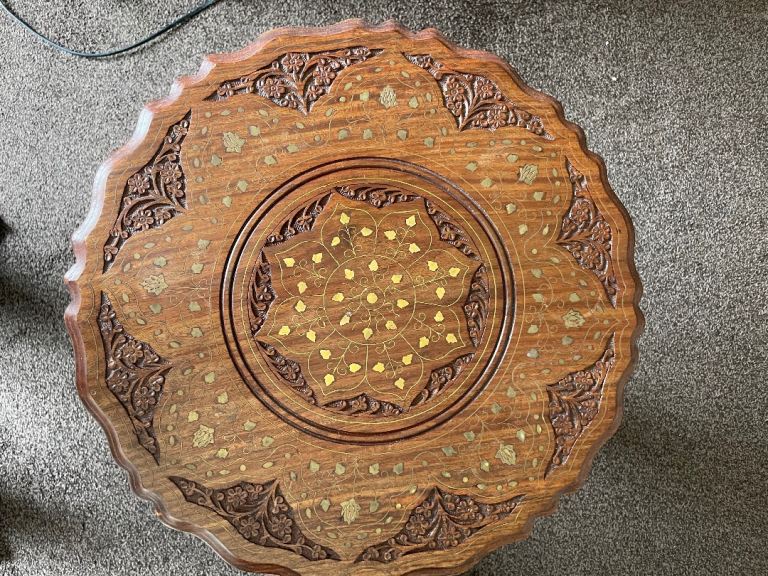Beautiful Carved Wooden Coffee Table with Brass Inlay – Good Condition