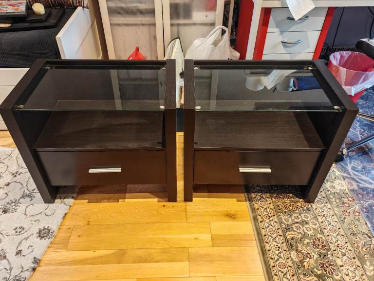 2 Large Dark Brown Bedside Tables with Glass top, middle shelf and drawer FREE DELIVERY 070