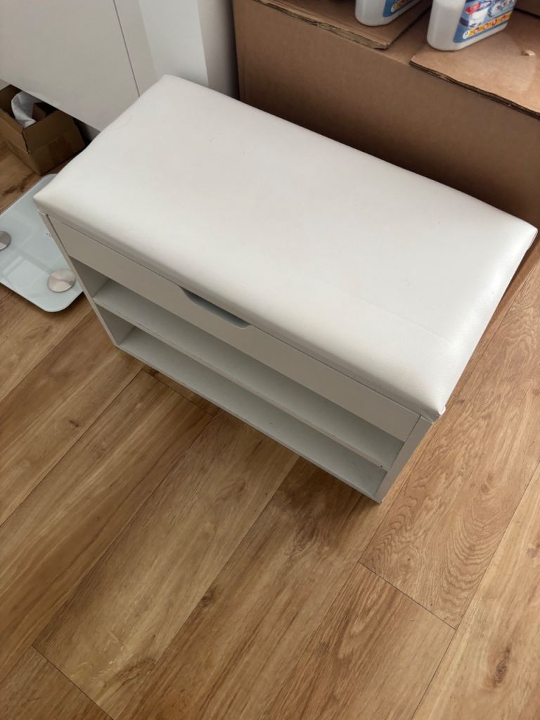 White Shoe Bench with Padded Seat and Storage