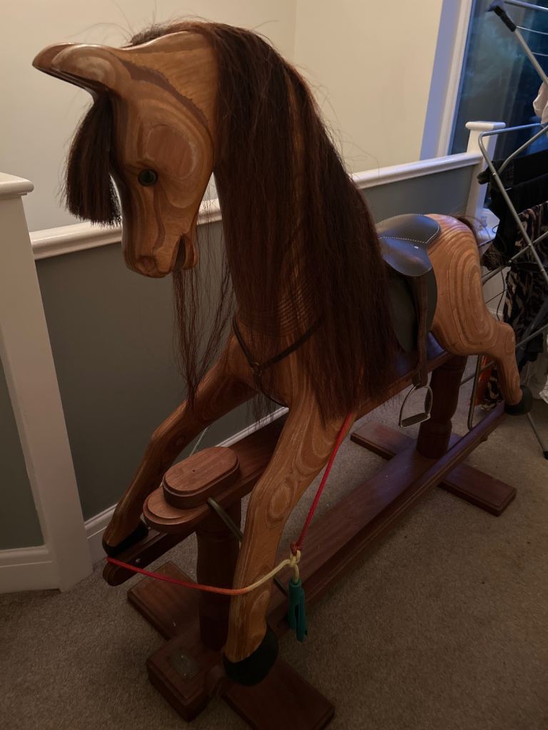 Good Condition Brown Wooden Rocking Horse with Mane & Saddle