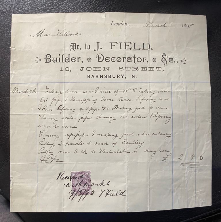 Antique J. Field Builder & Decorator Bill, March 1895