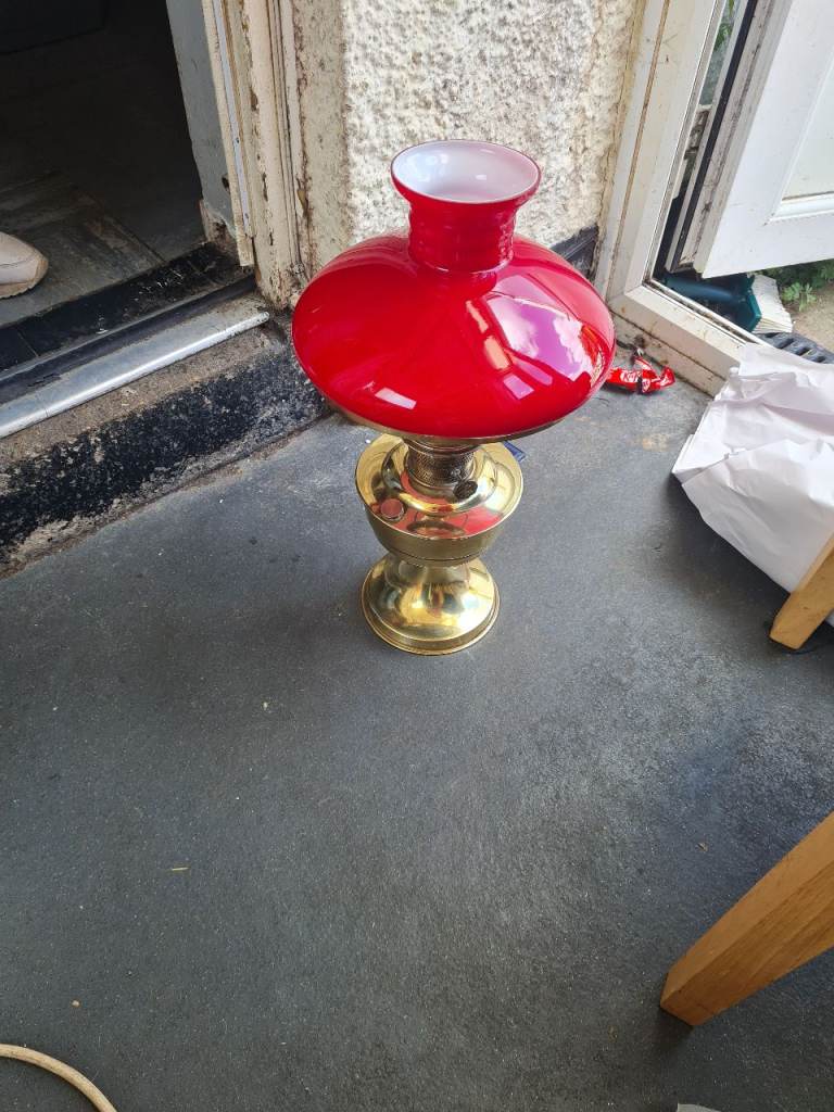 Aladdin Brass Oil Lamp with Red Glass Shade