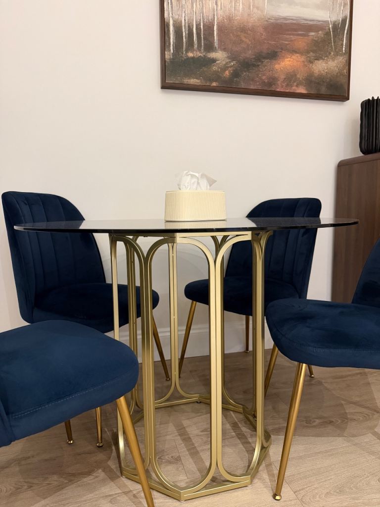 📍(Urgent sale due to relocation)Glass Top Dining Table with 4 Navy Velvet Chairs