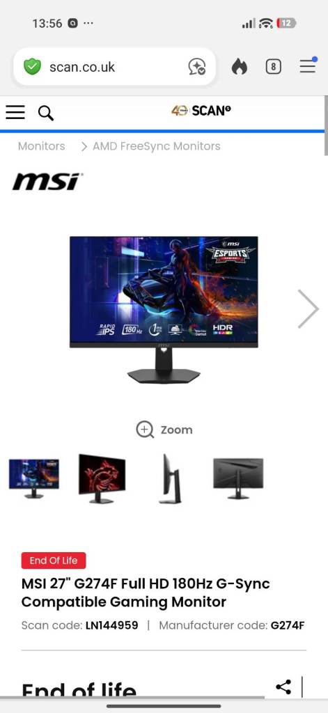 MSI G274F 27-inch Gaming Monitor – Full HD, 180Hz, G-Sync