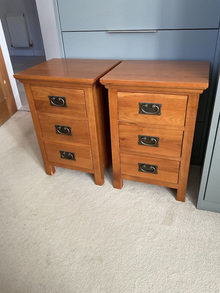 Pair of Wooden Bedside Tables with 3 Drawers – Good Condition