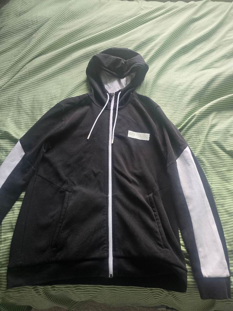 HUGO BOSS Black Zipped Hoodie with White Stripe Detail - Good Condition
