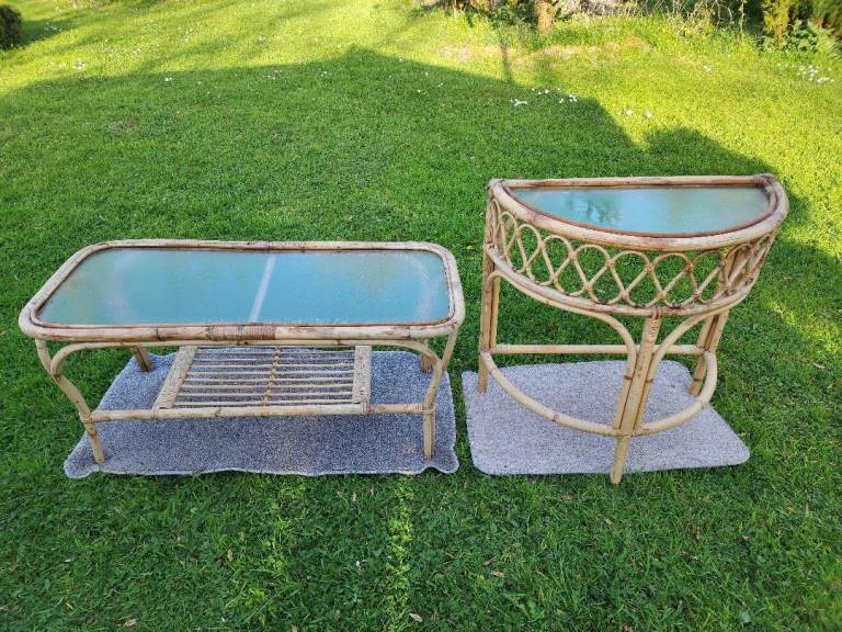 Conservatory bamboo coffee table and side table glass topped