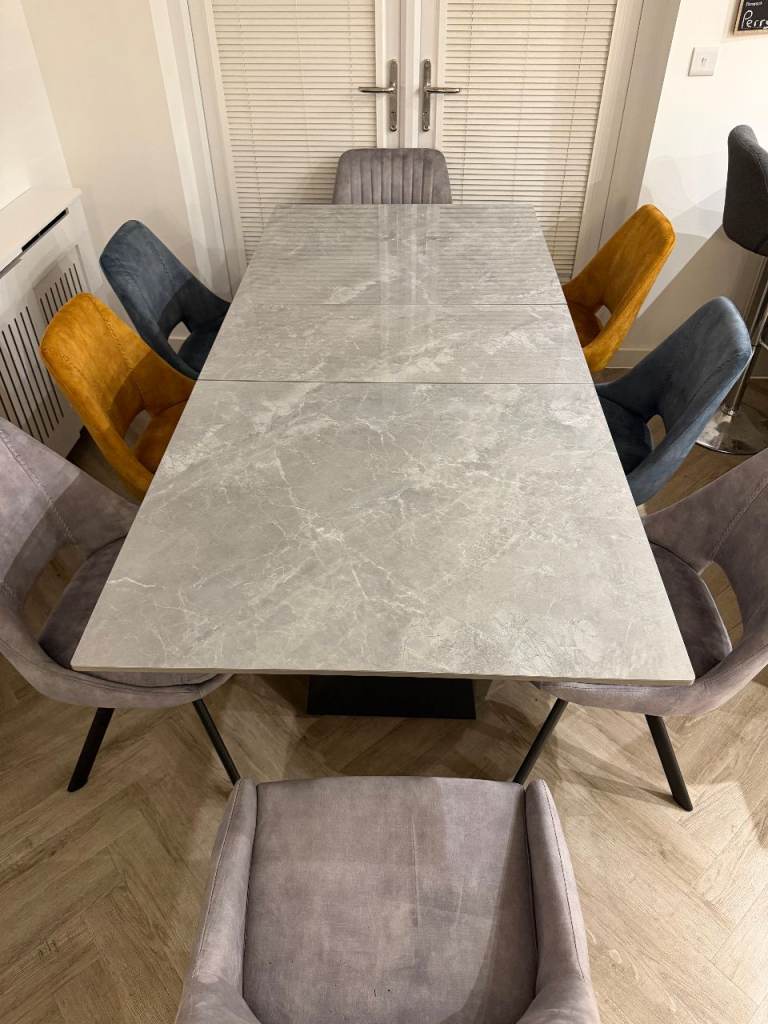 Extendable Ceramic Grey Marble Effect Dining Table and 8 swivel dining ...