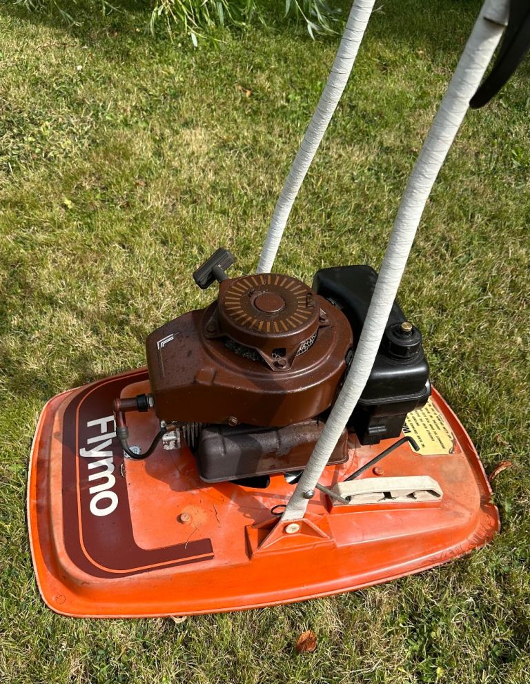 Flymo 2 stroke petrol hover mower VGC serviced goes where 4 strokes can’t steep slopes banks 
