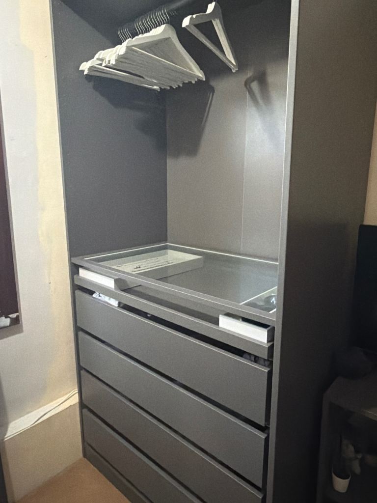 IKEA PAX Grey Wardrobe with Drawers and Hanging Rail - Good Condition