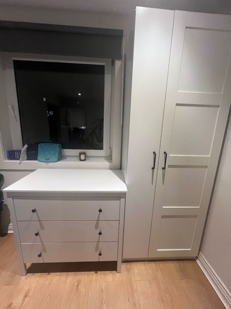 IKEA PAX Wardrobe + Chest of Drawers – White Set