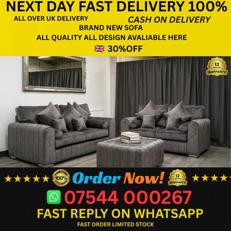Brand New Grey Fabric Sofa Set with Cushions 