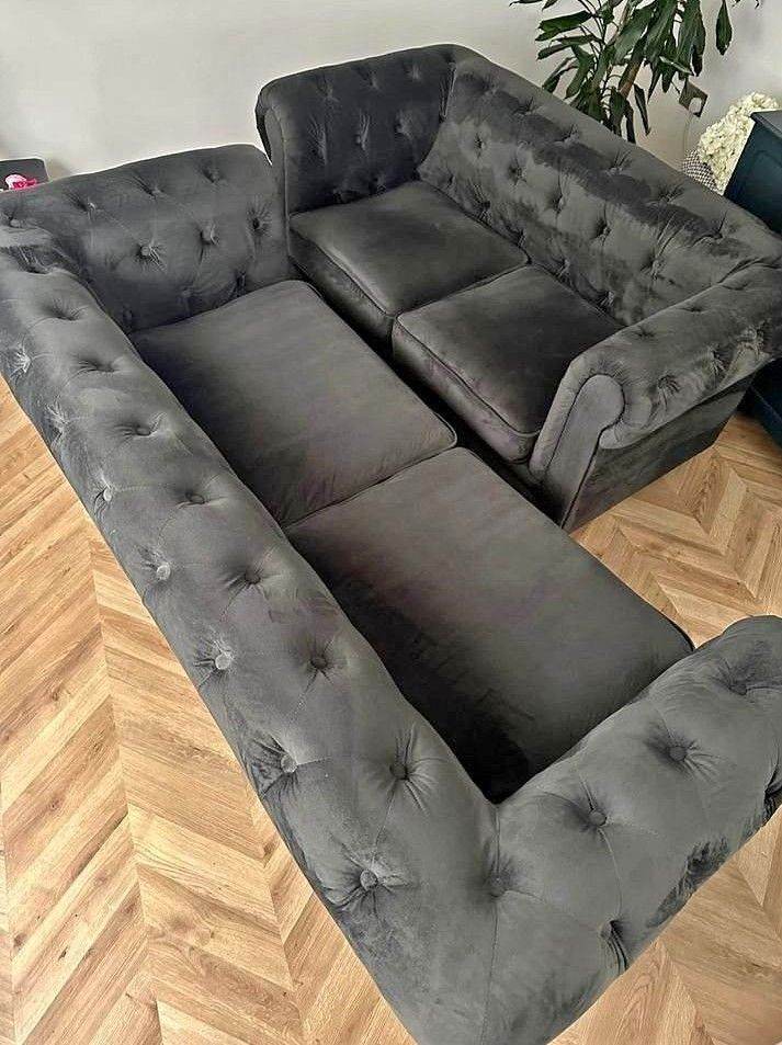 3+2 Dark Charcoal Grey Velvet Chesterfield Sofa Suite | Deep Button Tufted | Scroll Arms | 