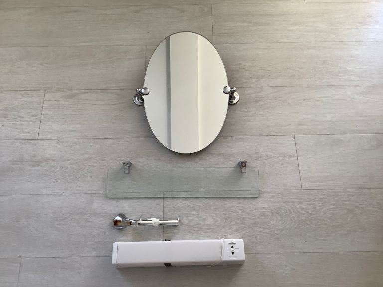 Oval Bathroom Mirror with Chrome Fittings,  Glass Shelf, bathroom light