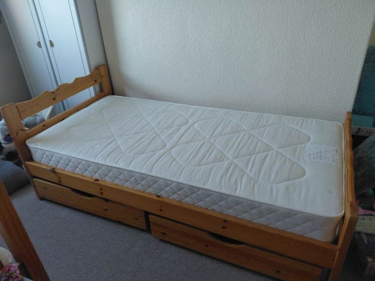 Pine Single Bed with Storage Drawers and Mattress