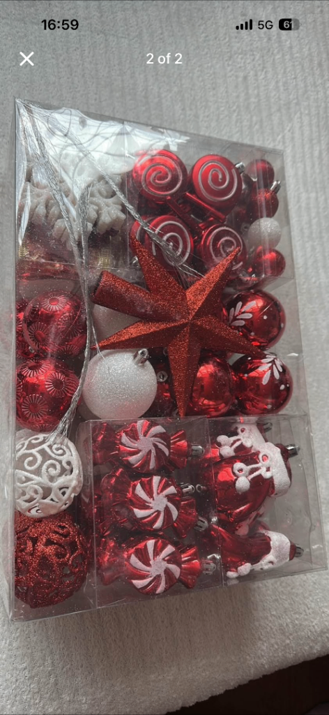 New Christmas Tree Decorations - Red and White Baubles & Stars