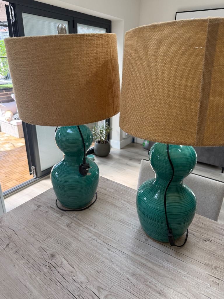 Pair of Teal Ceramic Table Lamps with Burlap Shades – Good Condition