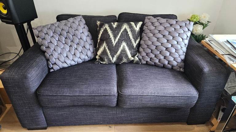 Two Seater Sofa in Charcoal Grey-Black Weave with Matching Throws