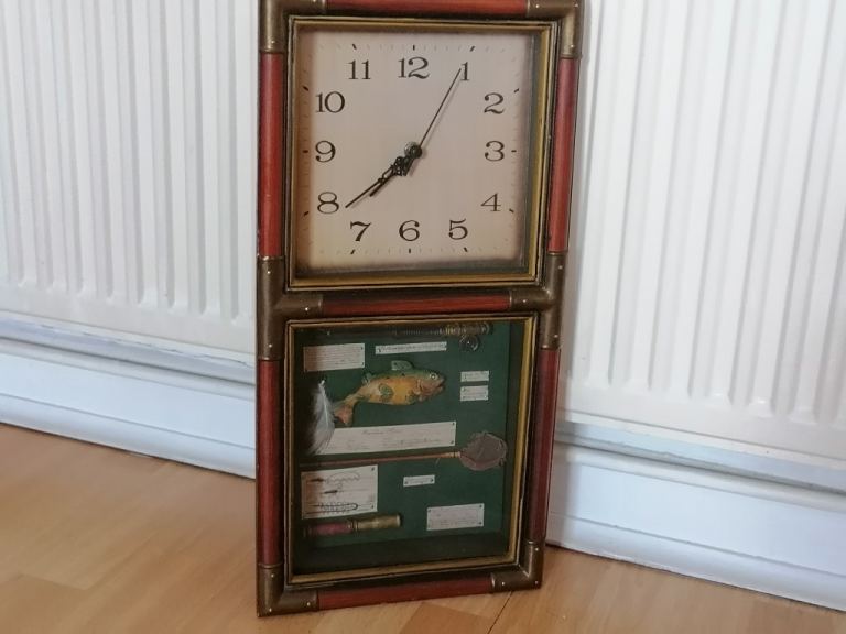 Rare Vintage CLOCK DISPLAY CASE SHADOW BOX: The Beautiful Game of Fly Fishing History. Handmade