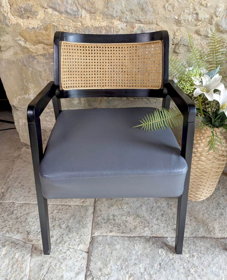 Pair Rattan Back Black Carver Dining Chairs - Occasional Armchairs Cafe Chairs