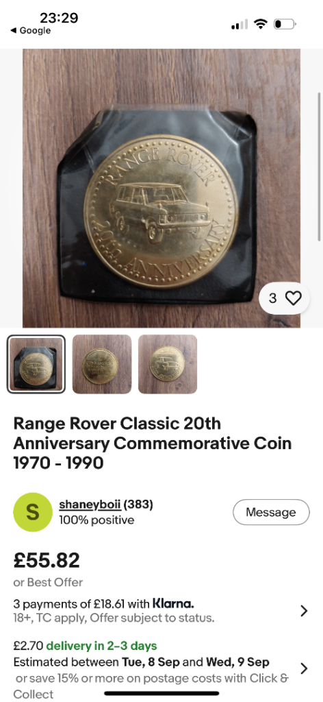 Range Rover Classic 20th Anniversary Commemorative Coin 1970-1990
