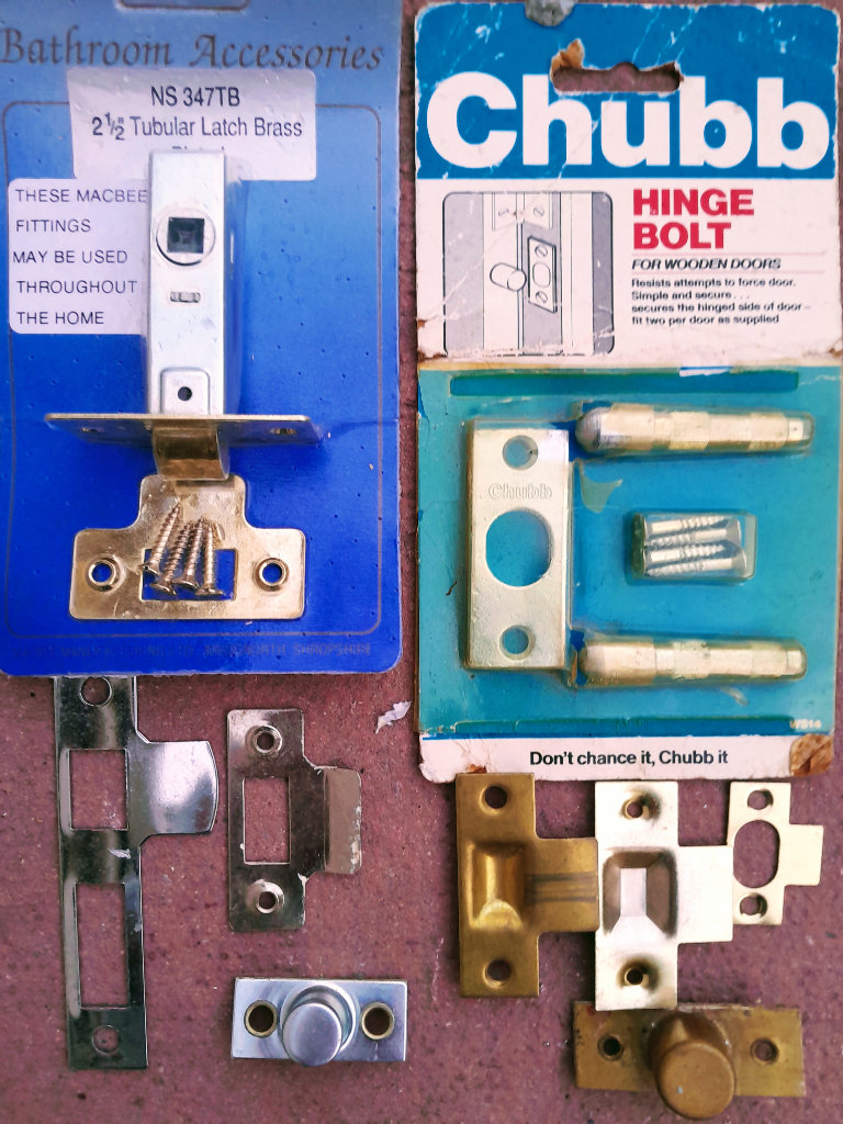 Unopened: Chubb Hinge Bolts (for wood door) + Brass Tubular Latch + 'bits'