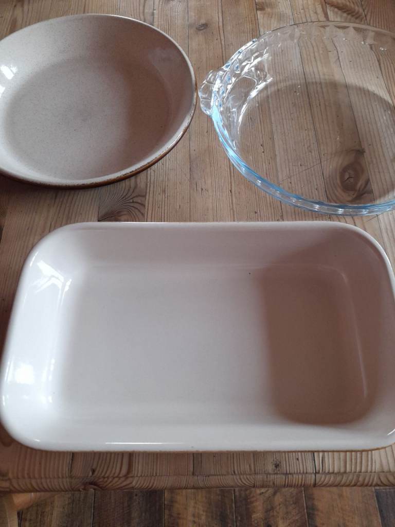 Set of 3 Baking Dishes - Ceramic and Pyrex Glass, Good Condition