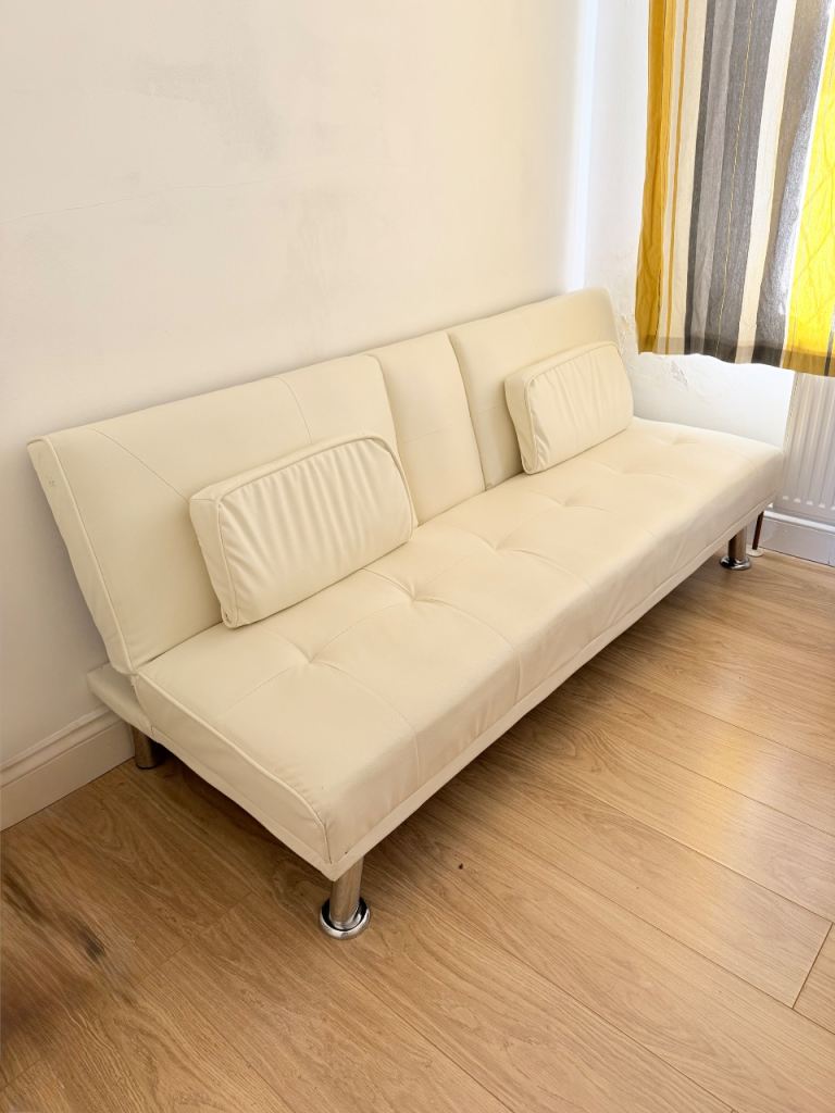 Manhattan Sofa Bed 2 Seater Faux Leather Click Clack Cream 180cm